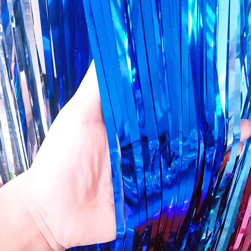 i-CHONY 2 Pcs 3.2ft x 8.2ft Shiny Blue Metallic Tinsel Foil Fringe Curtains Photo Booth Backdrop for Birthday Wedding Holiday Celebration Bachelorette Party DÃ©cor - Image 3